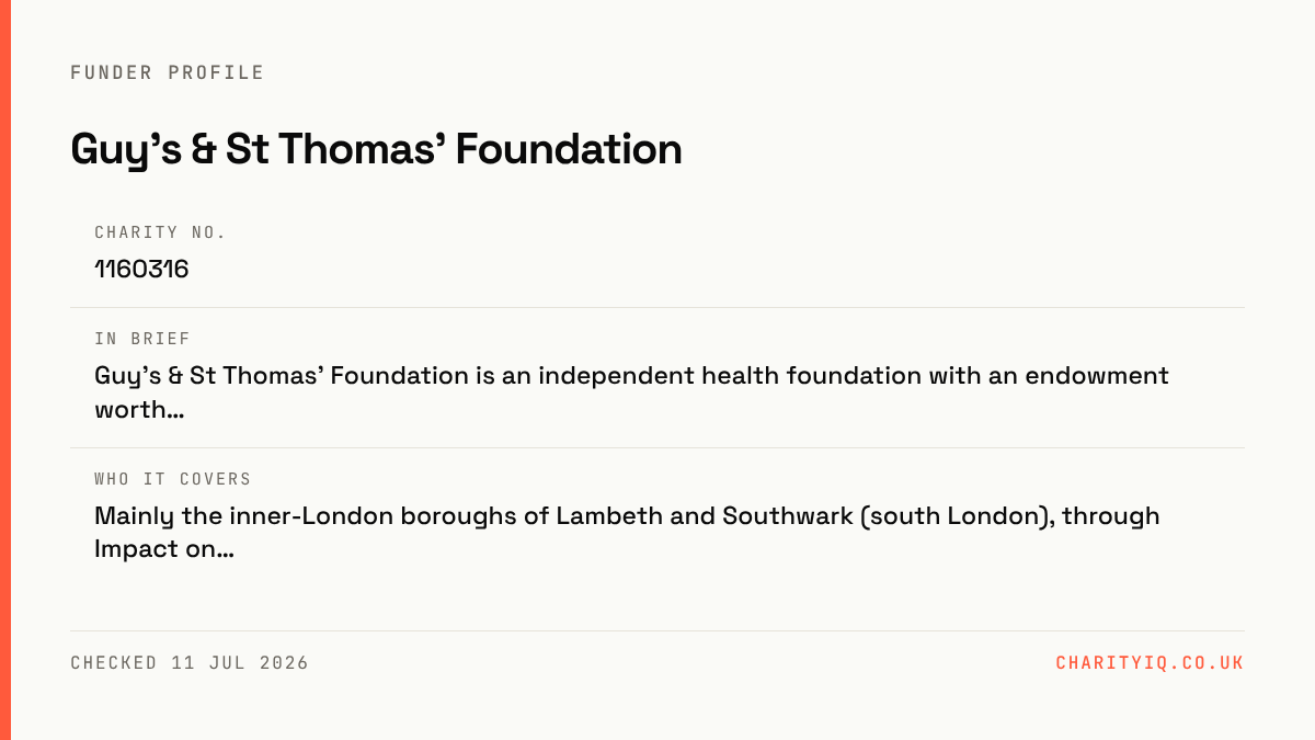 Guy's & St Thomas' Foundation at a glance — Charity no.: 1160316; In brief: Guy's & St Thomas' Foundation is an independent health foundation with an endowment worth…; Who it covers: Mainly the inner-London boroughs of Lambeth and Southwark (south London), through Impact on…