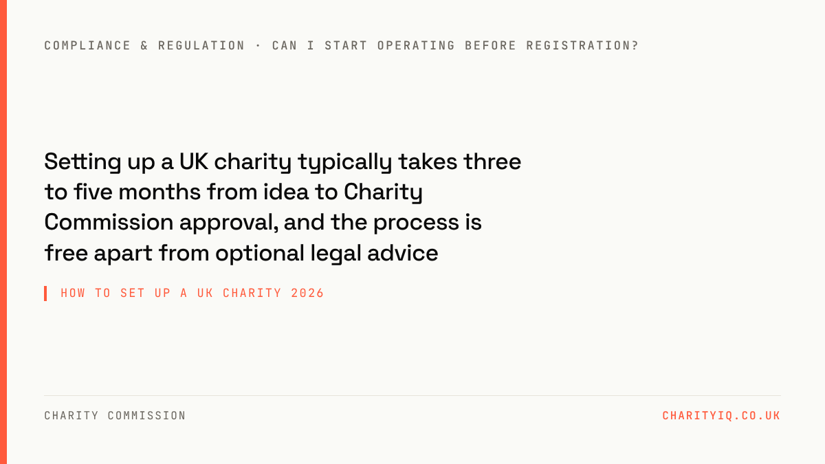 How to Set Up a UK Charity 2026 — Setting up a UK charity typically takes three to five months from idea to Charity Commission approval, and the process is free apart from optional legal advice.