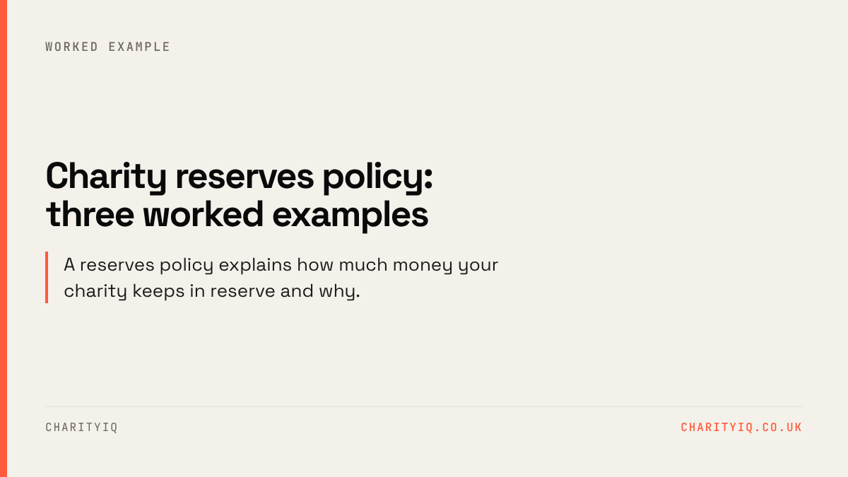 Charity reserves policy: three worked examples. A reserves policy explains how much money your charity keeps in reserve and why.