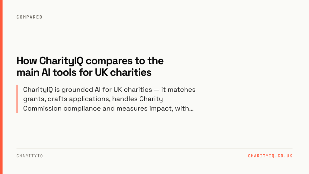 How CharityIQ compares to the main AI tools for UK charities. CharityIQ is grounded AI for UK charities — it matches grants, drafts applications, handles Charity Commission compliance and measures impact, with…