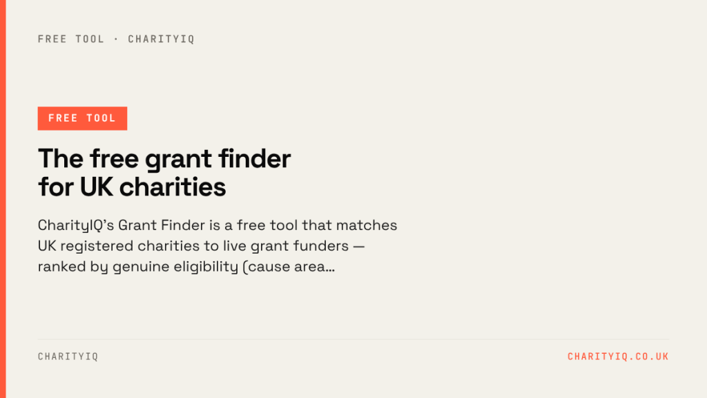 The free grant finder for UK charities — free CharityIQ tool. CharityIQ's Grant Finder is a free tool that matches UK registered charities to live grant funders — ranked by genuine eligibility (cause area…
