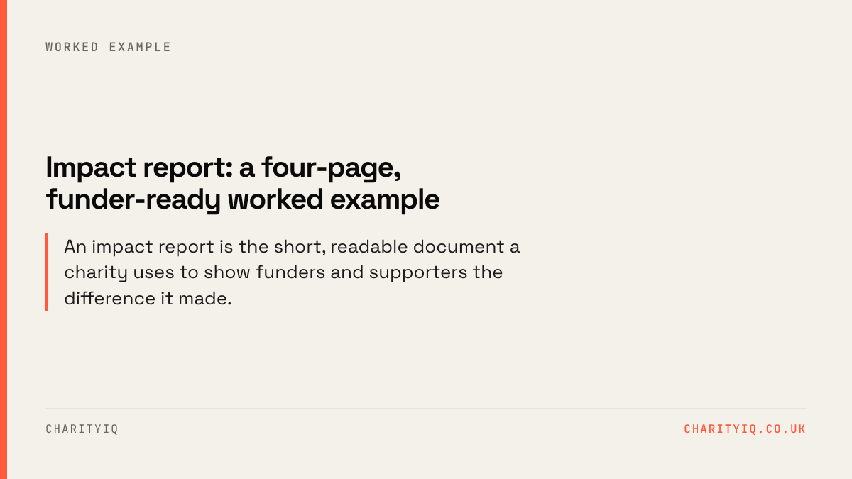 Impact report: a four-page, funder-ready worked example. An impact report is the short, readable document a charity uses to show funders and supporters the difference it made.