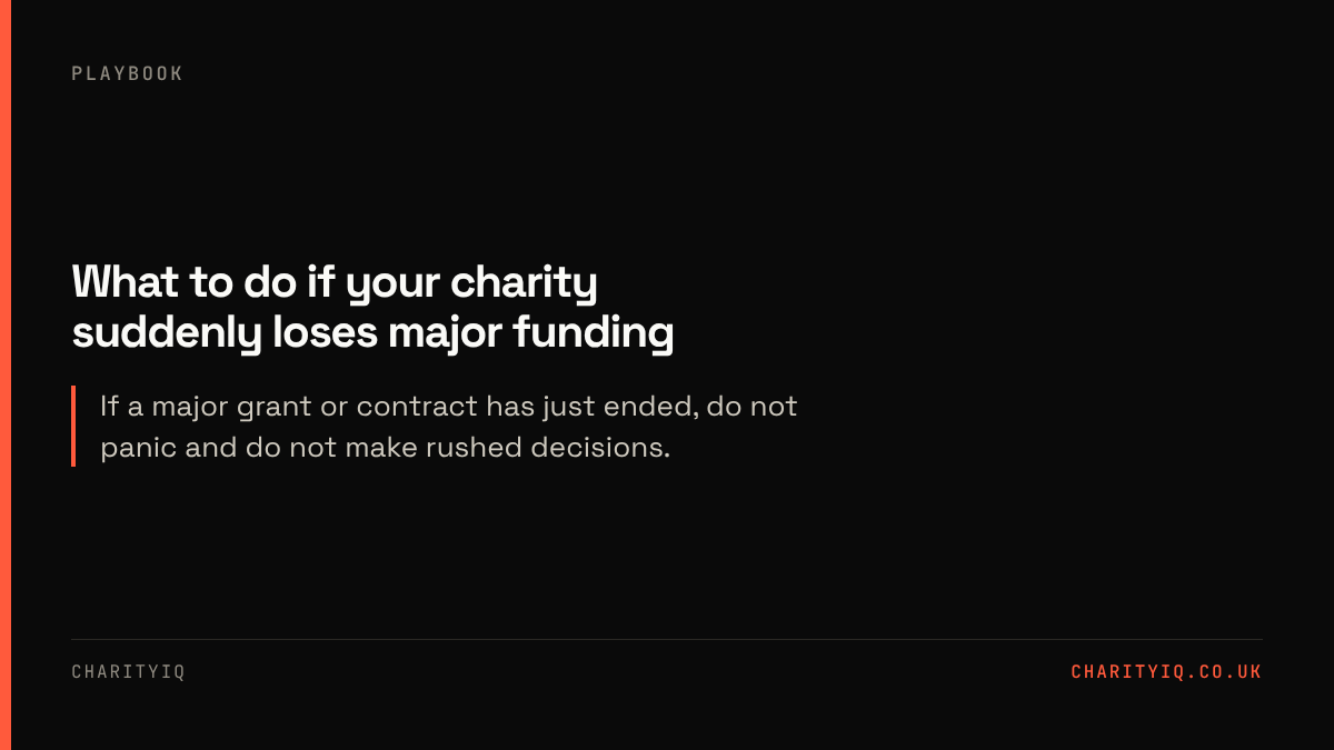 What to do if your charity suddenly loses major funding. If a major grant or contract has just ended, do not panic and do not make rushed decisions.