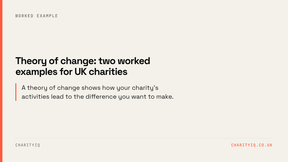 Theory of change: two worked examples for UK charities. A theory of change shows how your charity's activities lead to the difference you want to make.