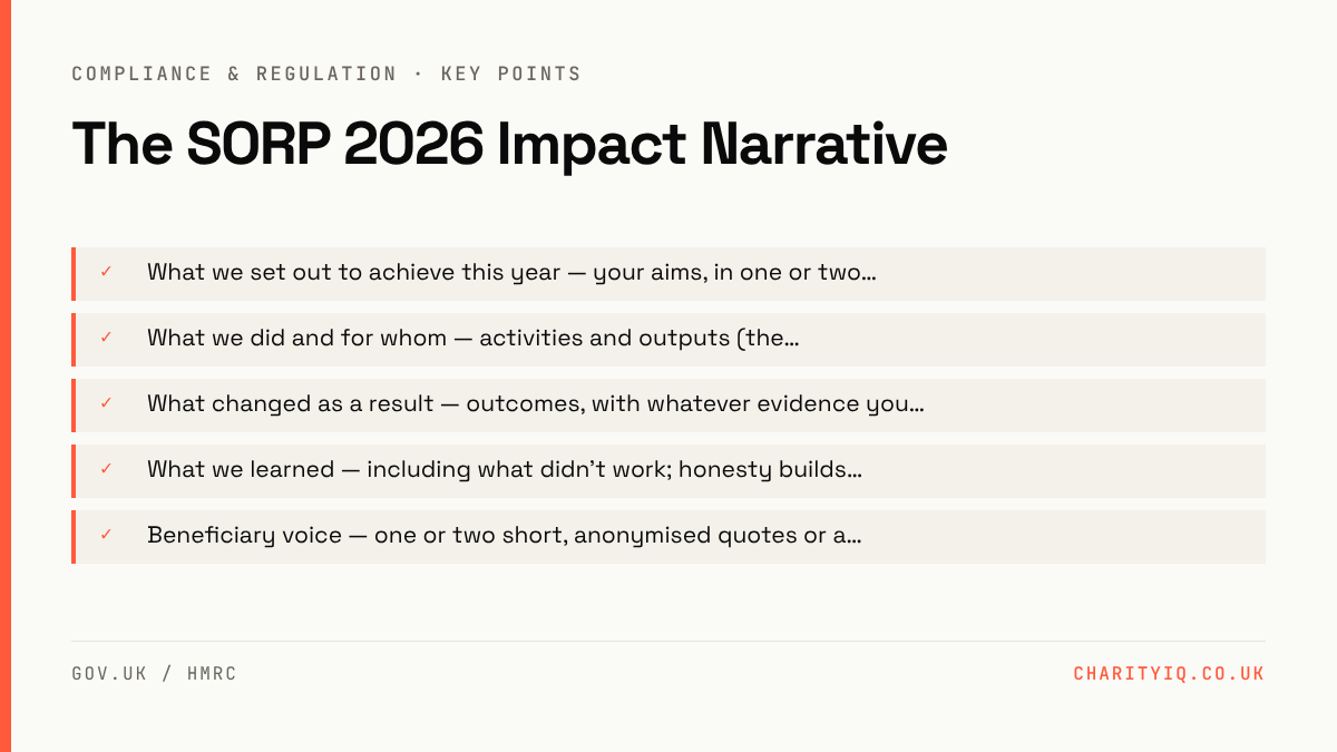 The SORP 2026 Impact Narrative — key points: What we set out to achieve this year — your aims, in one or two…; What we did and for whom — activities and outputs (the…; What changed as a result — outcomes, with whatever evidence you…; What we learned — including what didn't work; honesty builds…; Ben